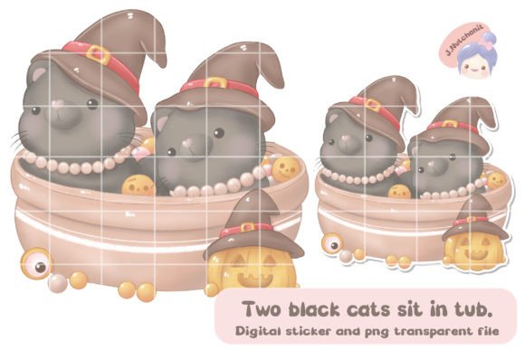 Two Black Cats Sit in Tub Clipart